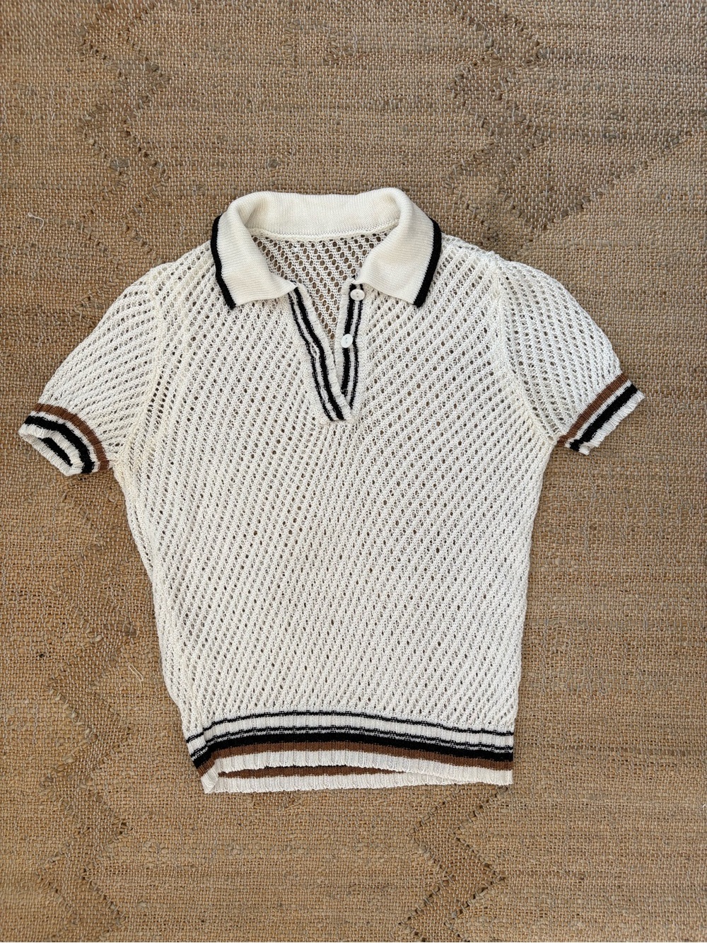 Women's Cream Knit Polo Top with Black & Brown Trim